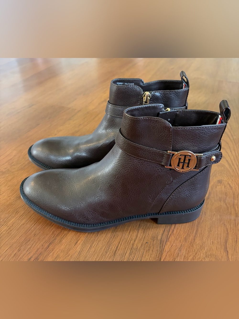 Tommy Hilfiger Women’s Dark Brown Ankle Boots with Gold Accent